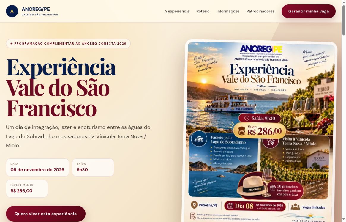 Site Experiência Vale do São Francisco: apresentação do evento, roteiro e informações de inscrição
