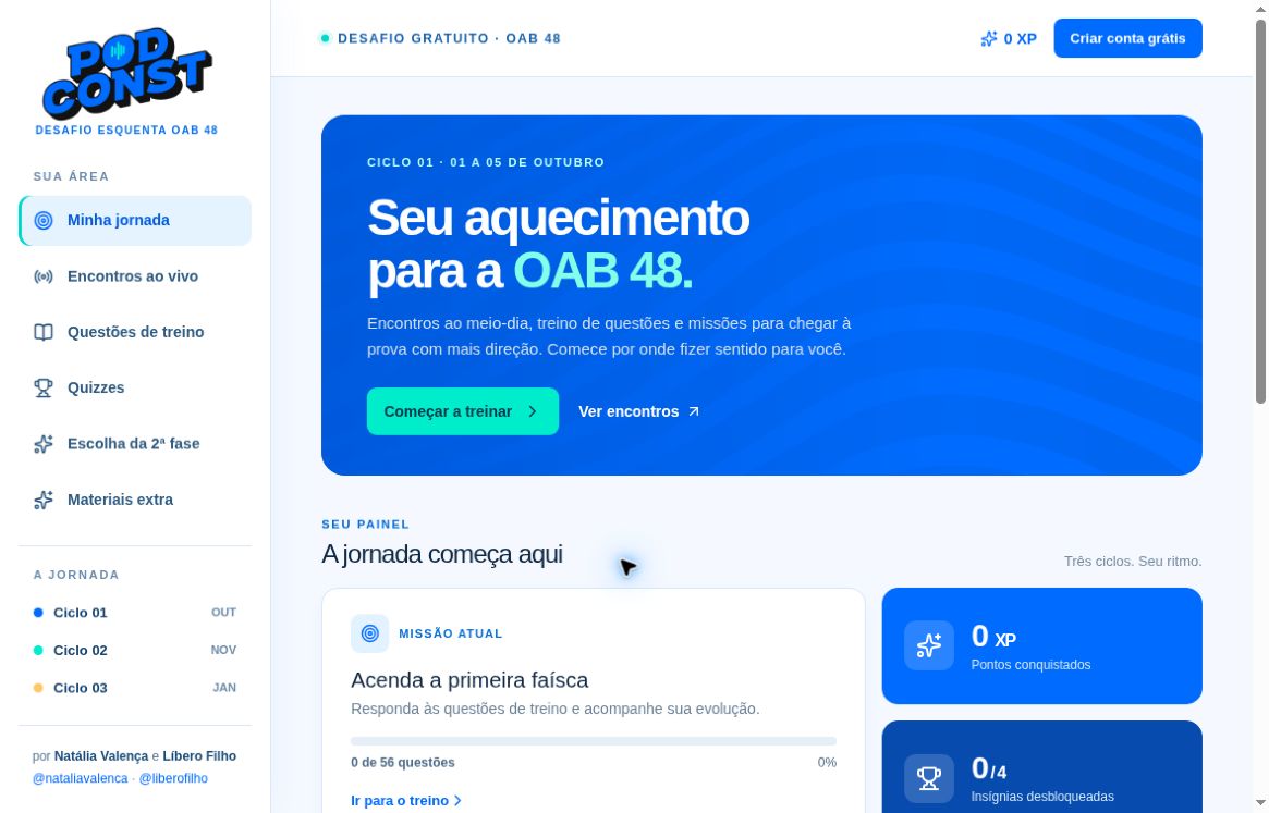 Interface do Desafio Esquenta OAB, com jornada por ciclos e acesso a conteúdos